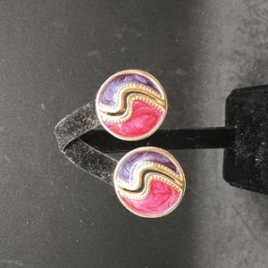 Vintage gold tone pink purple enamel earrings